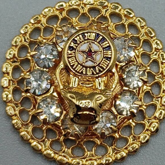 Red Star Roman Numeral Clock Face Clear Rhinestones Necklace Brooch/Pin - Picture 2 of 5